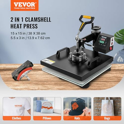 VEVOR 2 in 1 Heat Press Machine 15x15 Inch, 360° Swing Away Digital Tshirt Press Machine, Clamshell Heat Transfer Sublimation for Printing T-Shirt