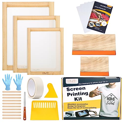 Caydo 23 Pieces Screen Printing Starter kit Include 3 Different Size of Wood Silk Screen Printing Frame with Mesh, Screen Printing Squeegees, Inkjet