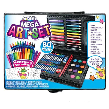 ArtSkills Mega Art Set, Arts and Crafts Supplies, Includes Colored Pencils, Stencil Letters, Markers, Watercolor Paint, Crayons, 80 Pieces ArtSkills