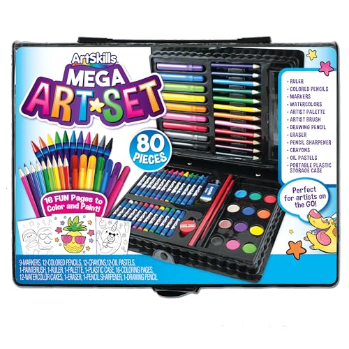 ArtSkills Mega Art Set, Arts and Crafts Supplies, Includes Colored Pencils, Stencil Letters, Markers, Watercolor Paint, Crayons, 80 Pieces