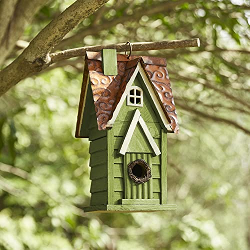 Glitzhome 12" H Green Hanging Distressed Solid Wood Garden Bird House Decoratvie Birdhouse - WoodArtSupply