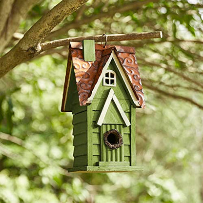 Glitzhome 12" H Green Hanging Distressed Solid Wood Garden Bird House Decoratvie Birdhouse - WoodArtSupply