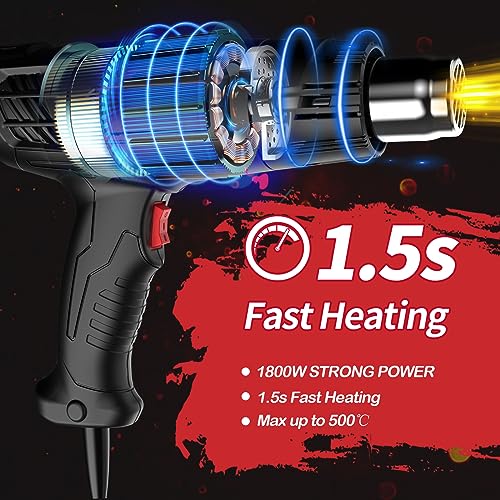 AcmyslaT Heat Gun 1800W Heavy Duty Soldering Hot Air Gun Variable Temperature Settings 572℉~932℉ (300℃-500℃) with 4 Heat Gun Attachment Nozzles Kit AcmyslaT