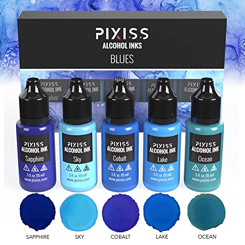 Pixiss Blue Alcohol Ink Set - 5 Shades of Highly Saturated Alcohol Ink for Epoxy Resin Supplies, Yupo Paper, Tumblers, Coasters - Resin Colorant for Pixiss