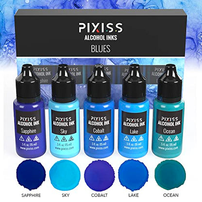 Pixiss Blue Alcohol Ink Set - 5 Shades of Highly Saturated Alcohol Ink for Epoxy Resin Supplies, Yupo Paper, Tumblers, Coasters - Resin Colorant for - WoodArtSupply