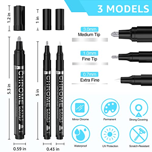 KERIFI 3pcs Silver Liquid Mirror Chrome Markers Permanent Art Liquid Chrome Marker Set, Reflective Gloss Metallic Mirror Markers, Repair Paint Pen KERIFI