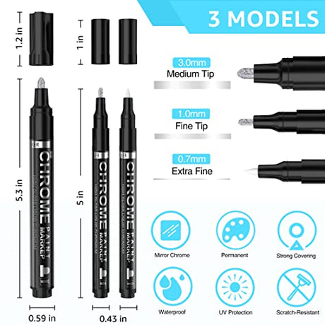 KERIFI 3pcs Silver Liquid Mirror Chrome Markers Permanent Art Liquid Chrome Marker Set, Reflective Gloss Metallic Mirror Markers, Repair Paint Pen KERIFI