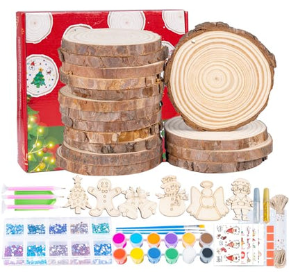 ilauke Wood Slices, 30PCS 3.1''-3.5''Natural Wooden Christmas Ornaments Kit Unfinished Wooden Circles with Pre-Drilled Hole, Acrylic Paint, Diamonds, - WoodArtSupply