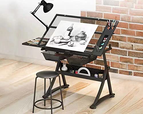 Landpink Glass Drafting Table Art Desk – Adjustable Professhional Artwork Drawing Desk, Glass-Topped Art Table for Craft Station Studio Home Office