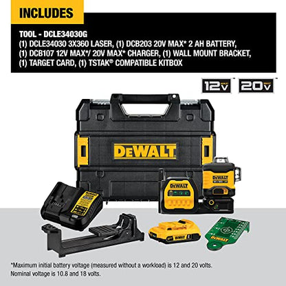 DEWALT 20V/12V MAX Laser Level Kit, 3 x 360, Green (DCLE34030G) - WoodArtSupply