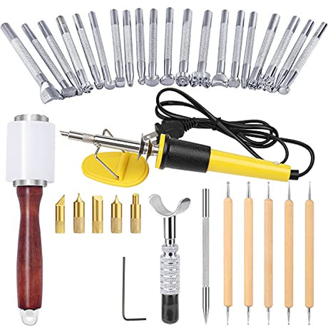 Leather Carving Set - Leather Working Kit, Leather Stamp Tools, Leather Kit for Beginner with Leather Burning Tool, Stamp Punch Set and Adjustable QMNNMA