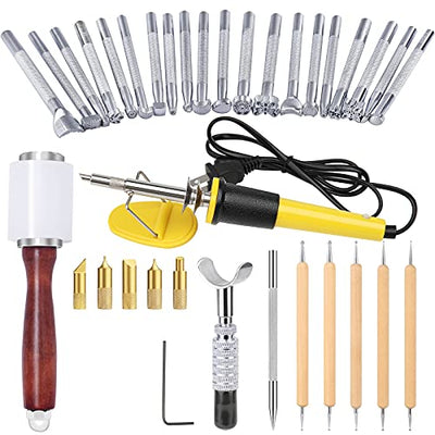 Leather Carving Set - Leather Working Kit, Leather Stamp Tools, Leather Kit for Beginner with Leather Burning Tool, Stamp Punch Set and Adjustable