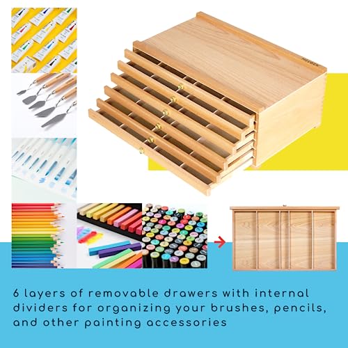  MEEDEN 6-Drawer Artist Supply Storage Box - Portable Foldable  Multi-Function Beech Wood Artist Tool & Brush Storage Box with Compartments  & Drawer for Pastels, Pencils, Pens, Brushes, Stamp
