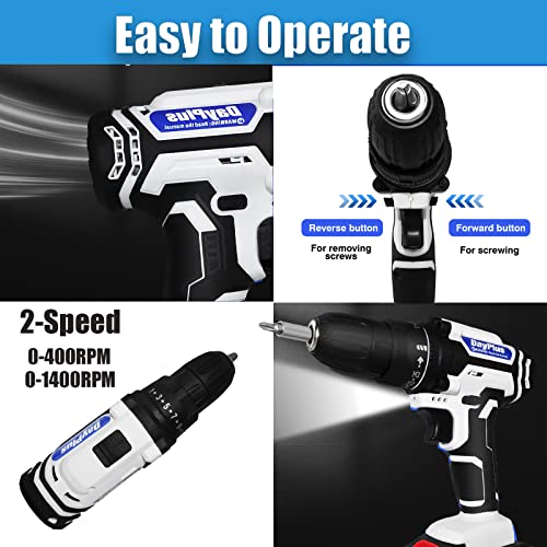 21V Cordless Drill Driver Screwdriver with 1500mAH Li-ion Battery, 2 Variable Speed 25+1 Torque Setting with LED Light, Portable Rechargeable Impact