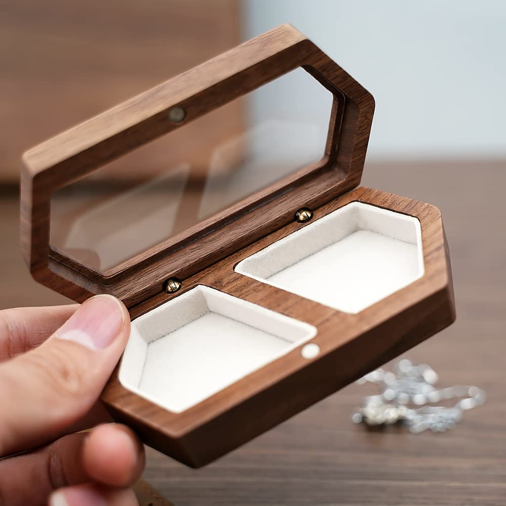 Wood Double Ring Box Jewelry Box Engraved Wooden Ring Holder for 2 Rings Engagement Proposal Wedding Ceremony Ring Bearer Box Valentine's Day - WoodArtSupply