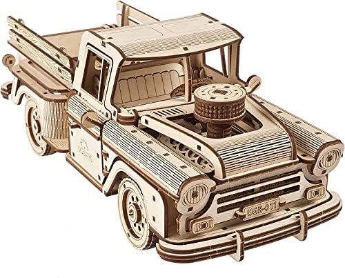 UGEARS Pickup Lumberjack 3D Puzzle - Classic 1950s Pickup Truck 3D Wooden Puzzles for Adults and Kids with Powerful Spring Motor - Detailed Car Model UGEARS