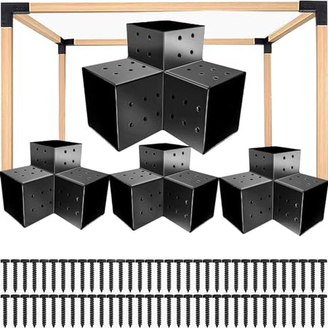 Nihoney Pergola Brackets 4x4, Woodworks Pergola Hardware Kit (4 Pcs), 3-Way Black Right Angle Corner Bracket for Extension Gazebo for 4x4 Nihoney