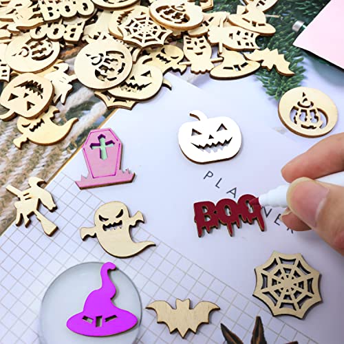 yueton 100PCS Mini Pumpkins Ghosts Spider Webs Witch Hats Bats Halloween Unfinished Blank Wood Pieces Wood Slices Wood Chips Embellishments for DIY yueton