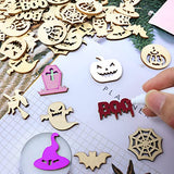yueton 100PCS Mini Pumpkins Ghosts Spider Webs Witch Hats Bats Halloween Unfinished Blank Wood Pieces Wood Slices Wood Chips Embellishments for DIY yueton