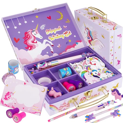 homicozy Unicorn Kids Stationary Set for Girls, Unicorns Gifts For Girls Ages 5 6 7 8 9 10 11 Year Old, Letter Writing Crafting Kit with Storage Box, homicozy