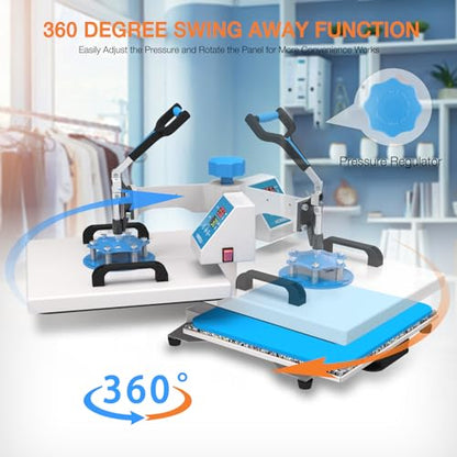 HORGELU 5 in 1 Heat Press Machine 15x15 Inch Heat Transfer Machine 360-Degree Swing Away Multifunction Digital Sublimation Combo Heat Press for T - WoodArtSupply