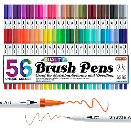 Shuttle Art Dual Brush Pens Art Markers, 56 Colors Dual Tip Calligraphy Pens Fineliner and Brush Tip perfect for Kids Adult Artist, Hand Lettering, Shuttle Art