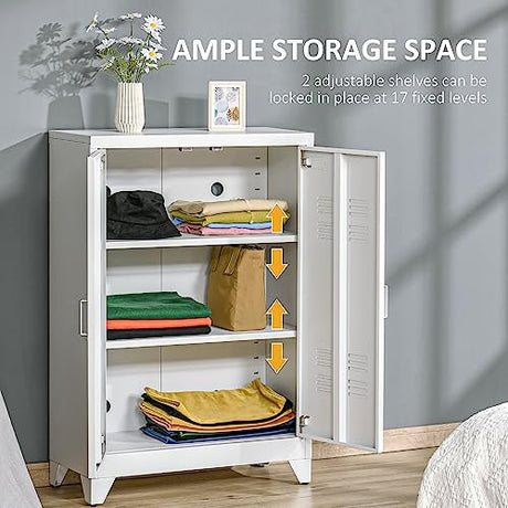 HOMCOM Industrial Storage Cabinet, Steel Garage Cabinet with Double Doors and Adjustable Shelves, White HOMCOM