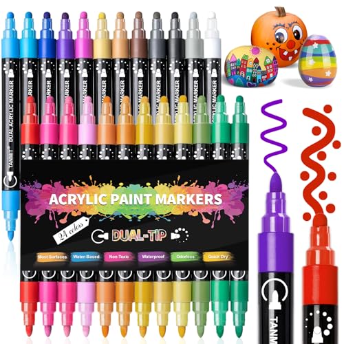 Acrylic Paint Pens Markers, 24 Colors Dual Tip Acrylic Paint Pens for Rock Painting, Wood, Canvas, Stone, Glass, Ceramic Surfaces, DIY Crafts Making TANMIT