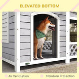 PawHut Wooden Dog House Outdoor with Porch, Cabin Style Raised Dog Shelter with Asphalt Roof, Doors, and Shutter Window, for Medium Large Sized Dog, PawHut