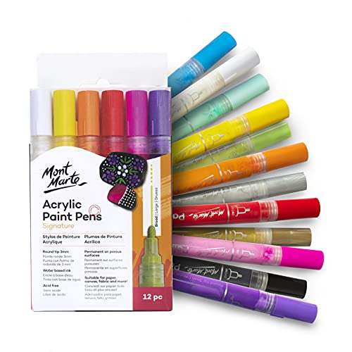 Mont Marte Signature Acrylic Paint Pens, 12 Piece, Waterproof, Suitable for Most Surfaces Including Canvas, Card and Rock, Round Tip (3mm) - WoodArtSupply