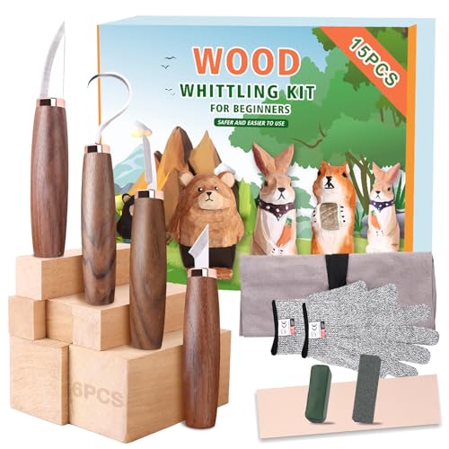 Wood Carving Tools Pack of 15- Includes Black Walnut Handle Wood Carving Knife,Whittling Knife,Hook Knife,Polishing Compound,Sharpening Stone,Cut