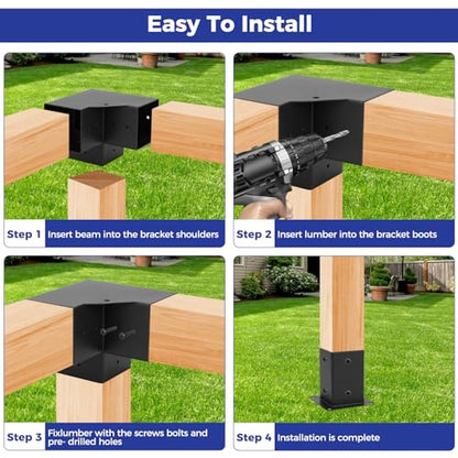 SZSFSYYX Pergola Bracket Kit, 4pcs Gazebo Brackets Kit, 3-Way Right Angle Corner Bracket for 4x4(3.5inchx3.5inch) Wood Posts, Patio Pergolas, Log - WoodArtSupply