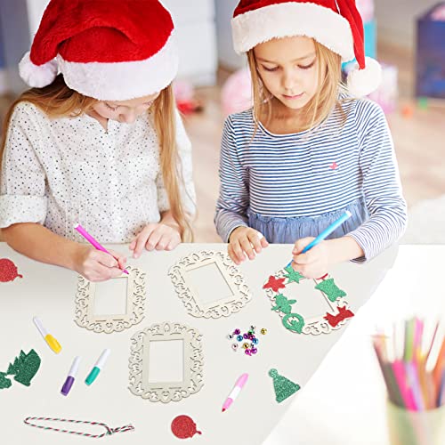 144 Pieces Unfinished Christmas Wooden Ornament Kits for Crafts, 24 Pieces Wooden Picture Frames Cutouts with Bells EVA Stickers, Wood Slices Photo Youyole