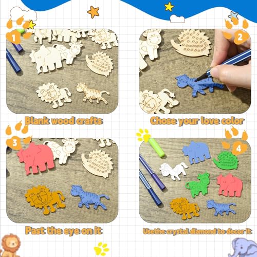 Stiesy 100 Pcs Unfinished Wooden Animal Cutouts Wood Cutout Blank Lion Elephant Shape Wooden Ornament for DIY Craft Supplies Party Decoration Stiesy