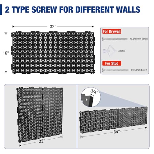 WORKPRO Metal Pegboard 16”x 32” Steel Panel with Round Holes & Vertical Slots, Black Heavy Duty Garage Peg Board Wall Pegboard Organizer for Wood WORKPRO