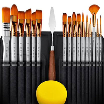 16 Pieces Premium Artist Paint Brush Set - Includes Palette Knife, Sponge, Organizing Case - Painting Brushes for Kids, Adults & Professionals -