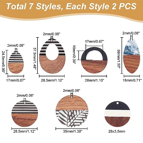 PH PandaHall 14PCS Resin Wood Earring Pendants, 7 Styles Walnut Vintage Earring Teardrop and Flat Round Statement Jewelry Resin Wood Earring Making