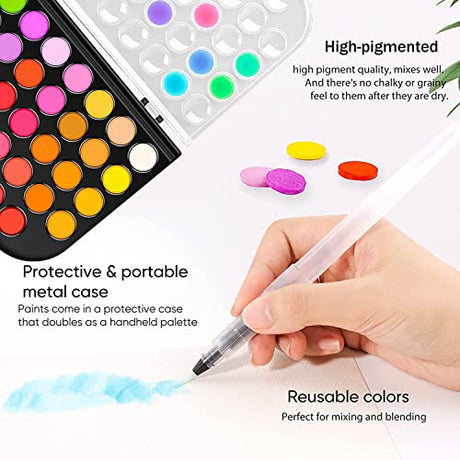 48-Color Watercolor Paint Set With Brush, Refillable Water Brush Pen, Palette, and Water-Washable Paints for Kids, Adults and Artists RVOGJP
