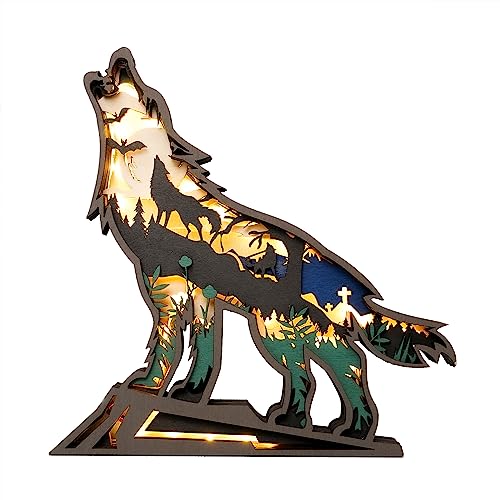 3D Wooden Animals Carving LED Night Light, Wood Carved Lamp Modern Festival Decoration Home Decor Desktop Desk Table Living Room Bedroom Office Farmhouse Shelf Statues Perfect Gifts (Halloween Wolf)