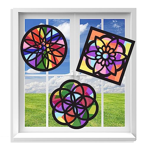 VHALE Suncatchers Craft 3 Sets (9 Cutouts) w Tissue Papers Stained Glass Effect Paper Sun Catcher Kit, Window Art, Classroom Crafts, Creative Art VHALE