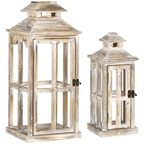 HOMCOM 2 Pack 28"/20" Large Rustic Wooden Lantern Decorative, Indoor/Outdoor Lantern for Home Décor (No Glass), Natural HOMCOM