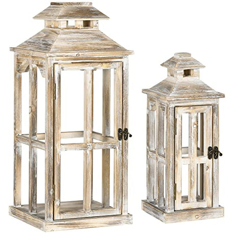 HOMCOM 2 Pack 28"/20" Large Rustic Wooden Lantern Decorative, Indoor/Outdoor Lantern for Home Décor (No Glass), Natural HOMCOM