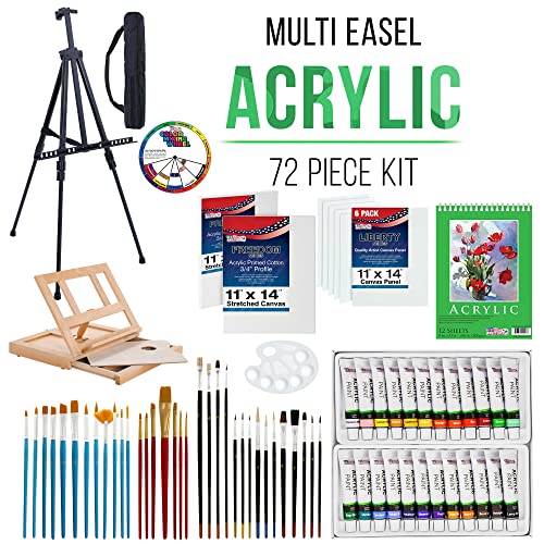 U.S. Art Supply 72-Piece Artist Acrylic Painting Set with Aluminum Field Easel, Wood Table Easel, 24 Acrylic Paint Colors, 34 Brushes, 2 Stretched - WoodArtSupply