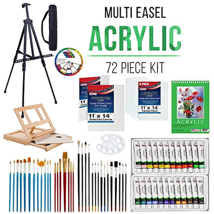 U.S. Art Supply 72-Piece Artist Acrylic Painting Set with Aluminum Field Easel, Wood Table Easel, 24 Acrylic Paint Colors, 34 Brushes, 2 Stretched - WoodArtSupply