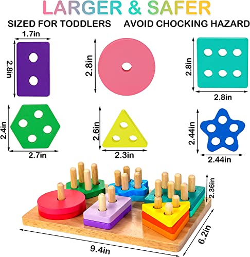 HELLOWOOD Wooden Sorting & Stacking Toys, Montessori Toys for 1 2 3 Years Old Toddlers, Shape Sorter Puzzles with 24-Piece Large Geometric Blocks & HELLOWOOD