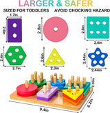 HELLOWOOD Wooden Sorting & Stacking Toys, Montessori Toys for 1 2 3 Years Old Toddlers, Shape Sorter Puzzles with 24-Piece Large Geometric Blocks & HELLOWOOD