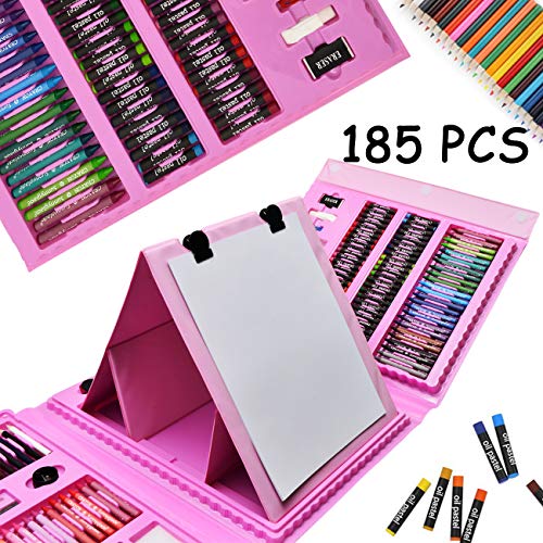 Sunnyglade 185 Pieces Double Sided Trifold Easel Art Set, Drawing Art Box with Oil Pastels, Crayons, Colored Pencils, Markers, Paint Brush, Sunnyglade