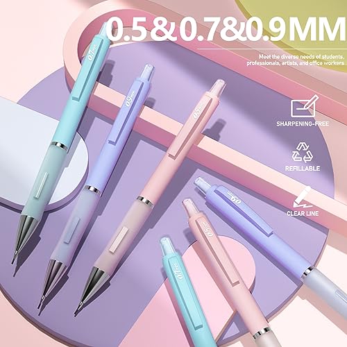 Four Candies Pastel Mechanical Pencil Set - 6PCS 0.5 mm & 0.7 mm & 0.9 mm Cute Mechanical Pencils with 360PCS HB Lead Refills, 3PCS Erasers and 9PCS Four Candies