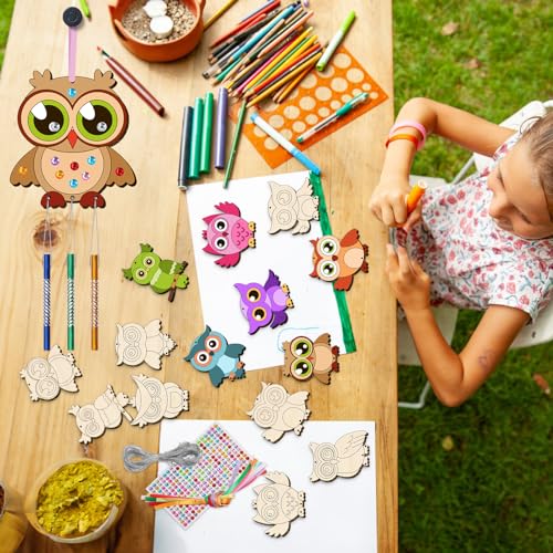 TREACLUB 16 Pack Wind Chime Kits for Kids, Make Your Own Owl Wind Chime DIY Coloring Paint Owl Wooden Arts and Crafts Birthday Gifts for Girls Boys TREACLUB