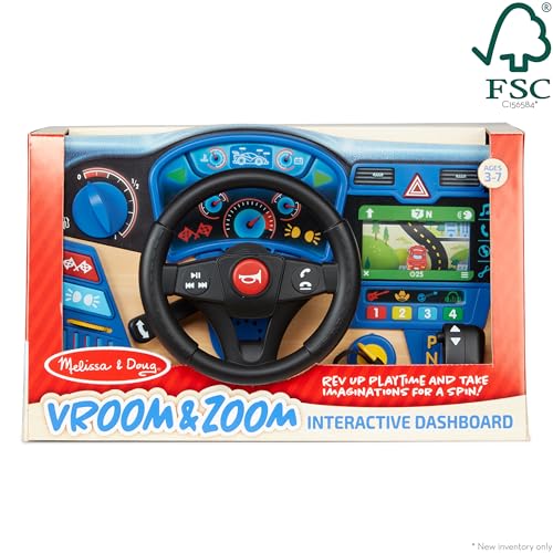 Melissa & Doug Vroom & Zoom Interactive Wooden Dashboard Steering Wheel Pretend Play Driving Toy - Kids Activity Board, Toddler Sensory Toys For Ages Melissa & Doug